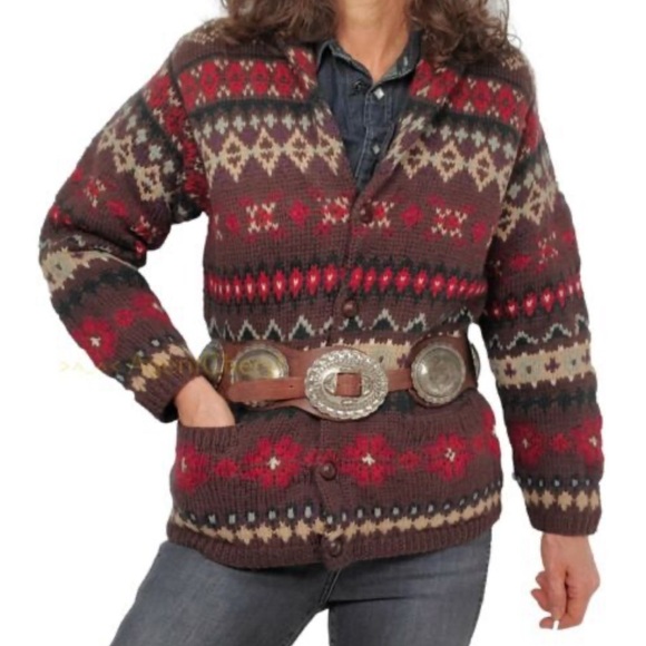VTG will Ralph Lauren Brown Red southwestern Patterned knit Cardigan - Picture 1 of 10